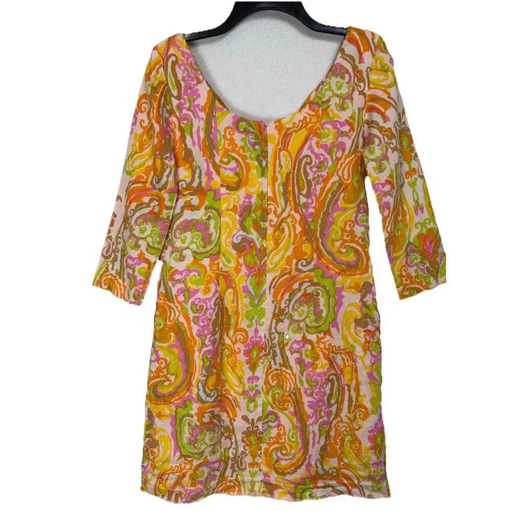 J. Crew Shift Dress Women’s 0 Linen 3/4 Sleeve Mod Paisley‎ Retro Hippie READ
